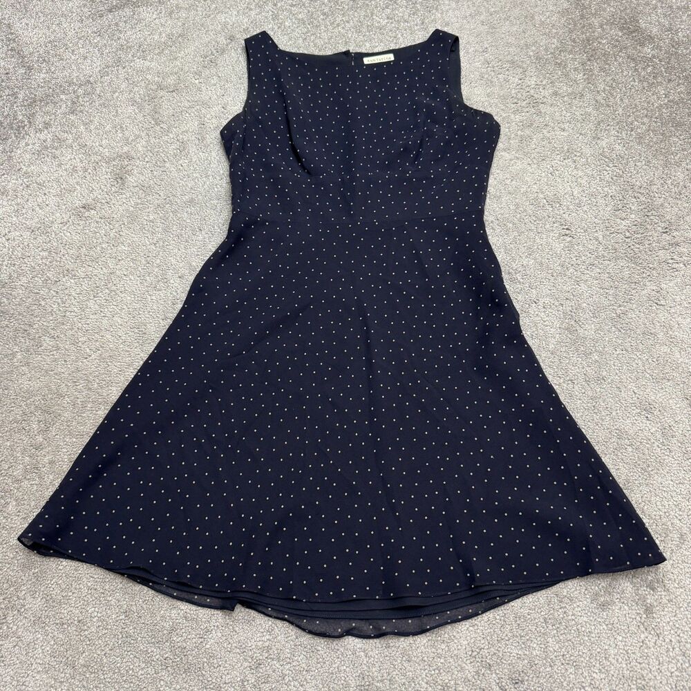 Ann Taylor 100% Silk Chiffon A-Line Sleeveless Dress Women 2 Navy Blue Polka Dot